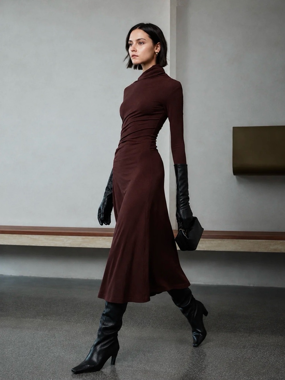 NWT Commense Burgundy Long Sleeve Ruched Maxi Dress - M